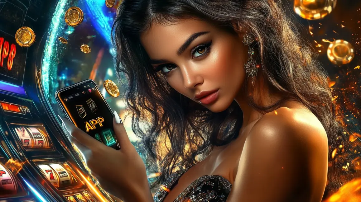 A stylish woman holds a phone with a fun slot game, with the word 'APP' in large letters, inviting you to download the JDULTRA app for a vibrant gaming experience.